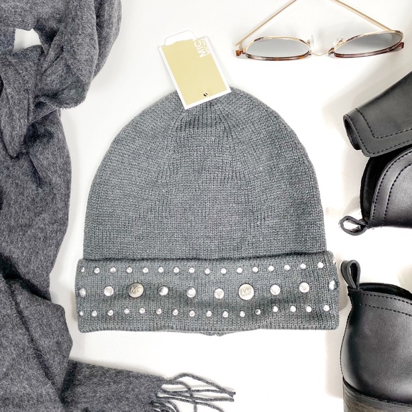 MICHAEL Michael Kors Accessories - MICHAEL KORS Knit Cuff Silver Studded Grey Cuffed Beanie